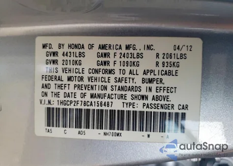 2012 Honda Accord Ex from USA, damaged, VIN 1HGCP2F78CA156487
